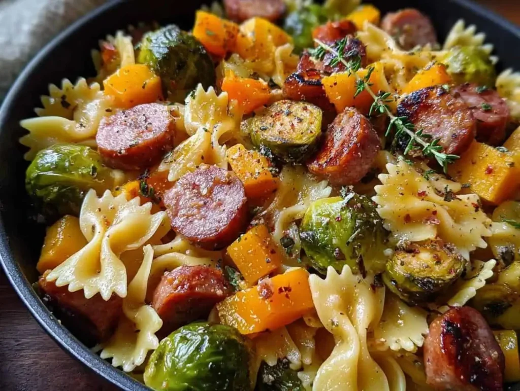 Autumn Sausage Pasta Squash served in a bowl with herbs and spices