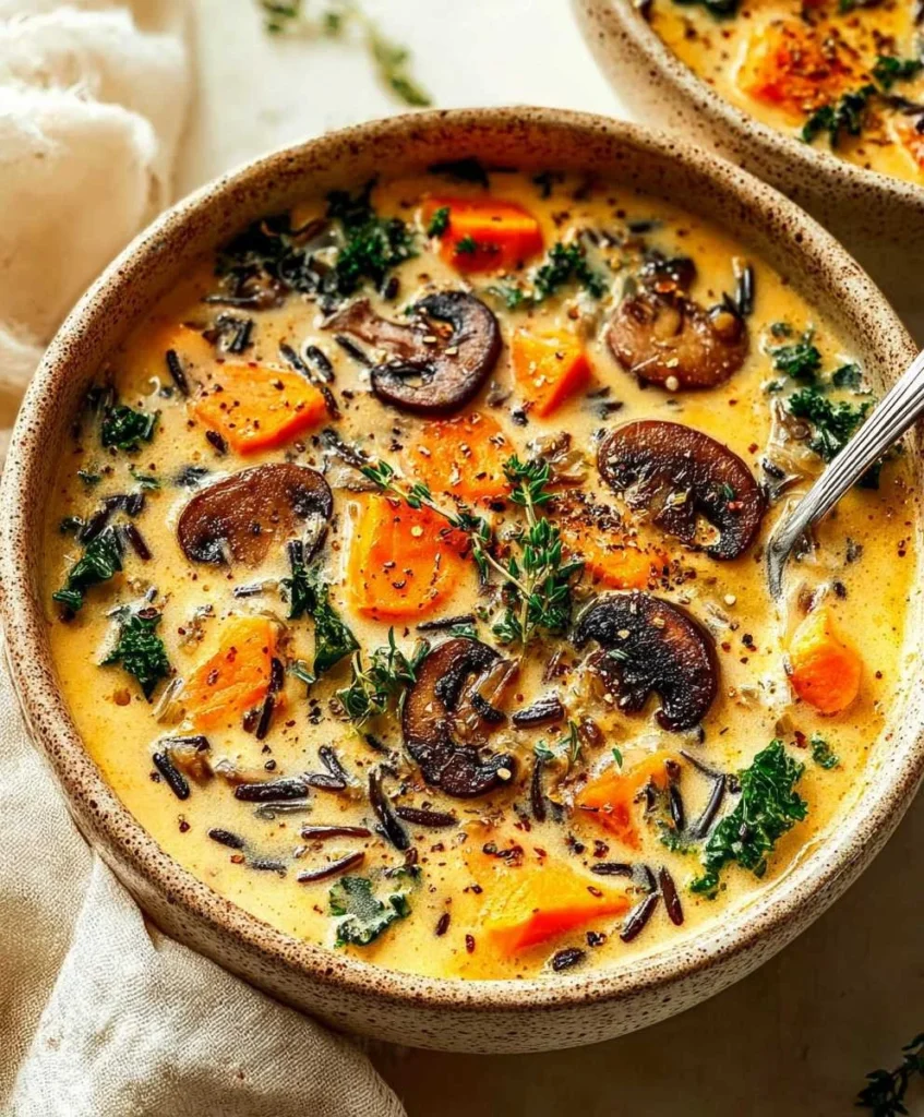 Bowl of Autumn wild rice soup with vegetables and herbs, ideal fall comfort food