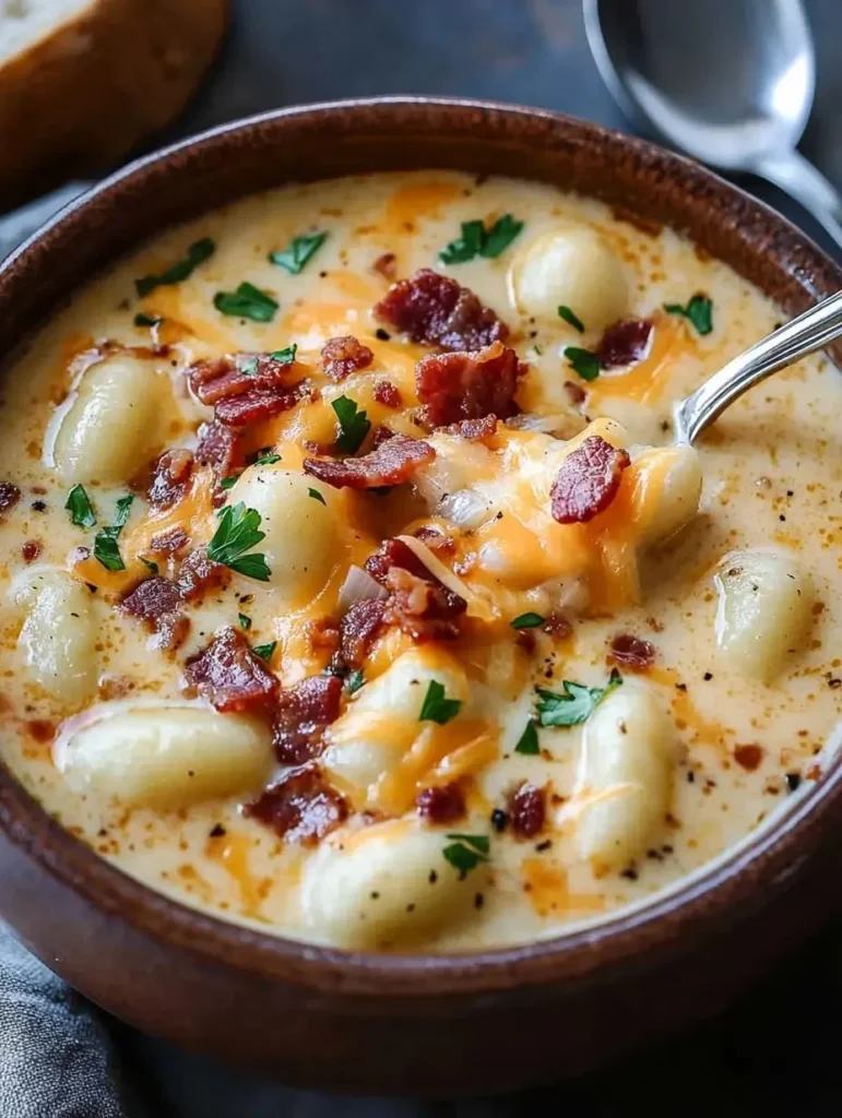 Bacon cheddar gnocchi soup in a bowl, garnished with herbs and served with bread.