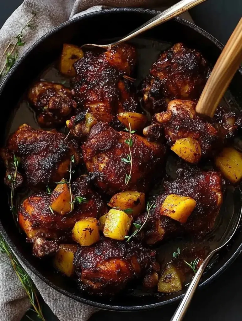 Baked Jamaican Pineapple Jerk Chicken garnished with fresh herbs