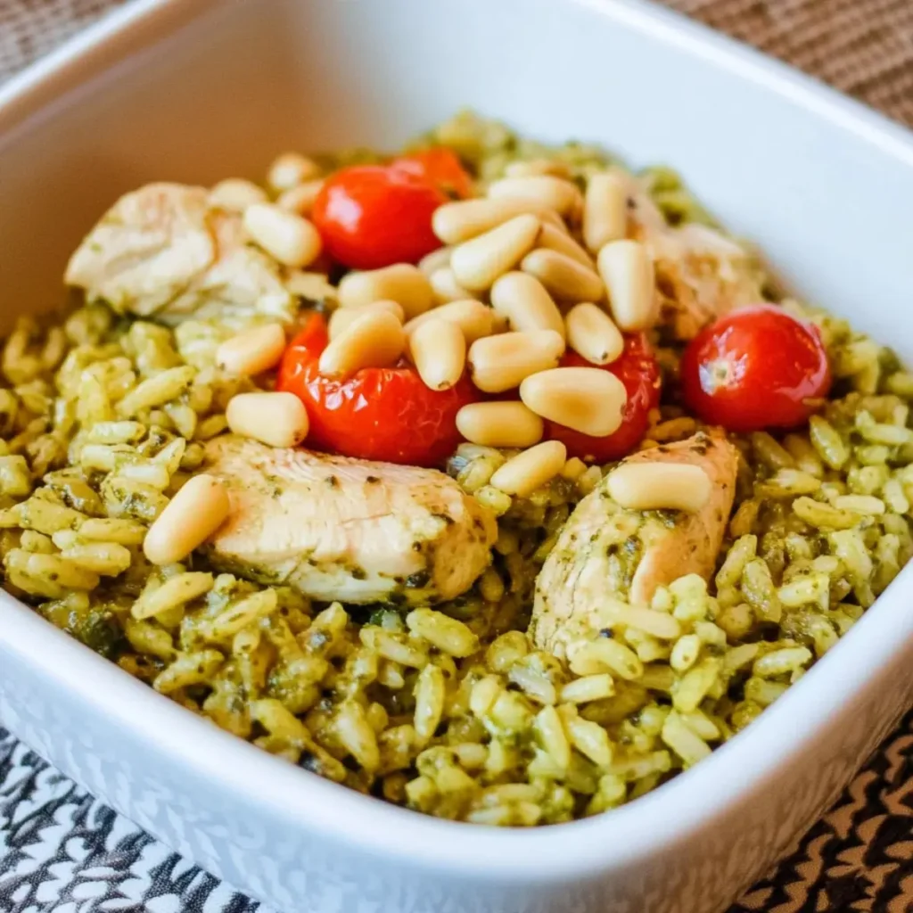 Pesto Rice with Chicken, Tomatoes and Pine Nuts