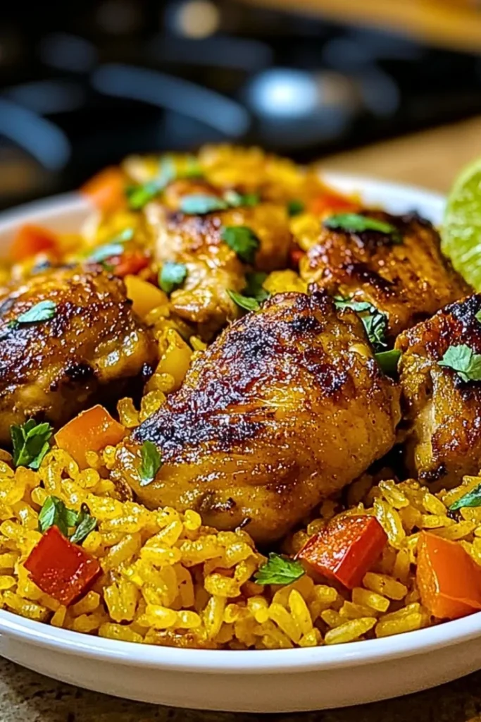 Delicious Caribbean Chicken served with flavorful rice and spices