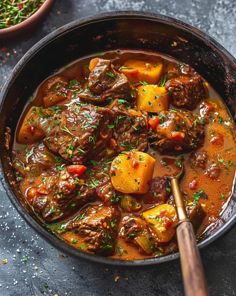 A bowl of classic beef stew filled with tender meat and vegetables.