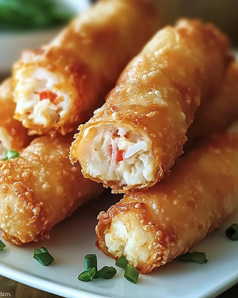 Crab cake egg rolls served with dipping sauce on a plate