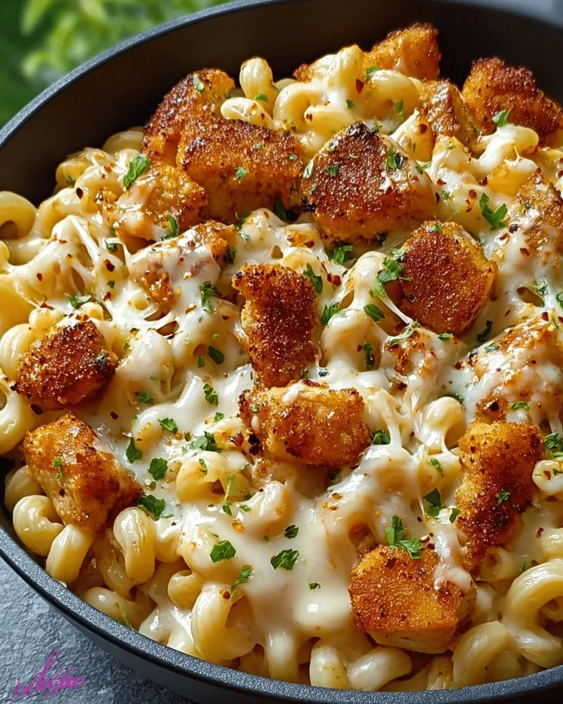 Creamy honey pepper chicken mac and cheese with a golden crust