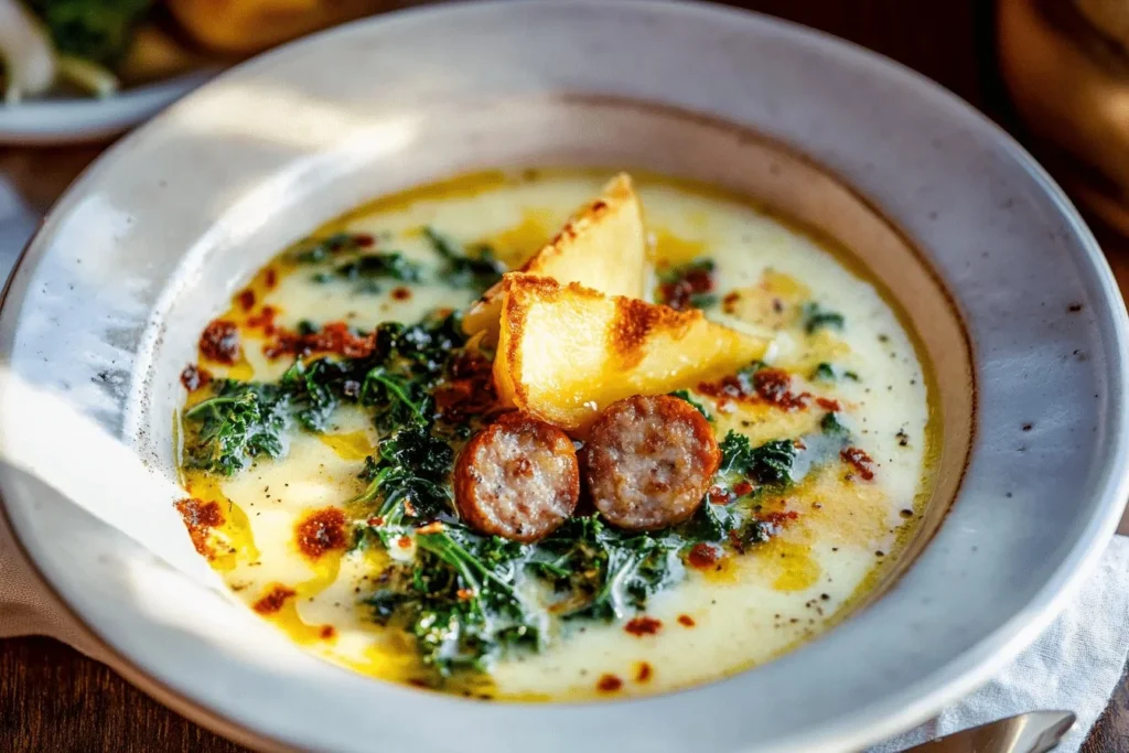 Bowl of creamy sausage and kale soup garnished with fresh herbs