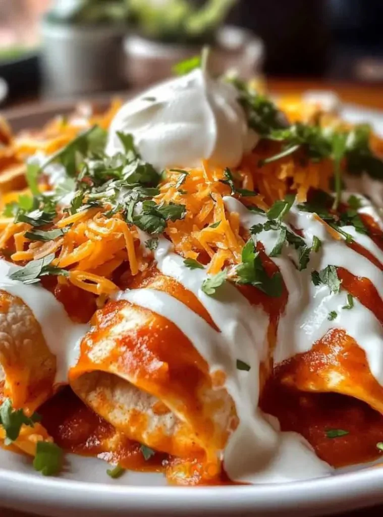 Delicious chicken enchiladas topped with cheese and herbs