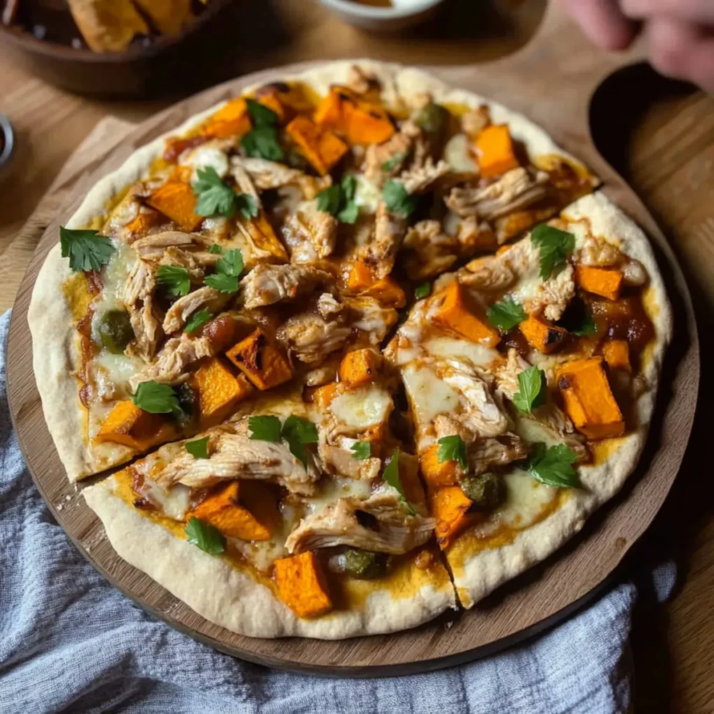 Sourdough Discard Skillet Pizza with Barbecue Chicken and Sweet Potato