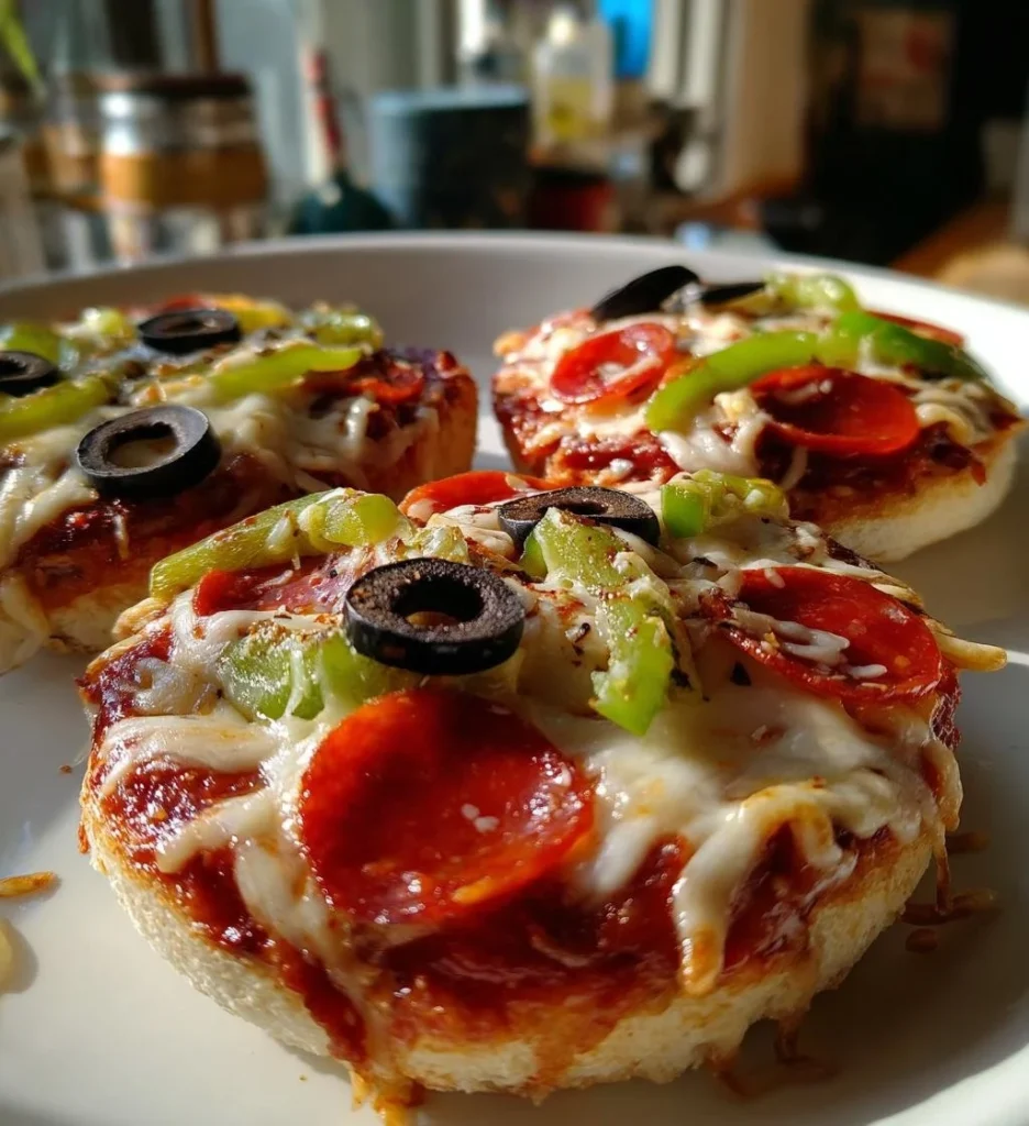 Deliciously cheesy English Muffin Pizzas ready to enjoy.