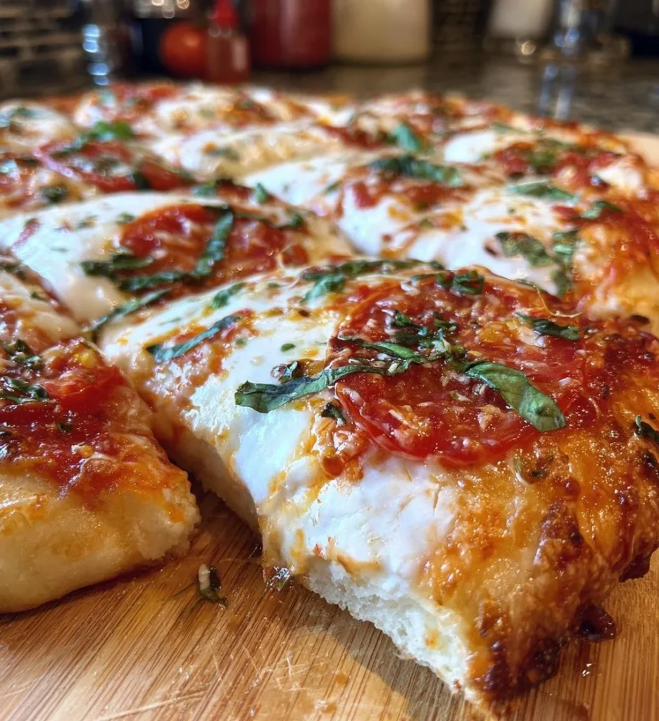 Delicious Flatbread Pizza Margherita topped with fresh basil and tomatoes