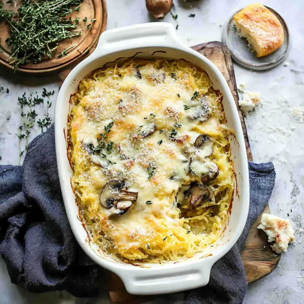 Spaghetti Squash Casserole with Mushrooms & Goat Cheese