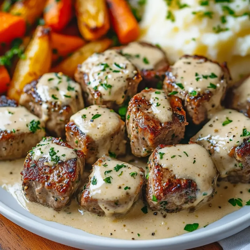 Garlic Butter Steak Bites served with rich Parmesan cream sauce