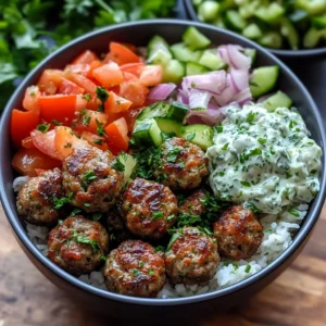 Greek meatball bowl featuring tzatziki, rice, and fresh vegetables