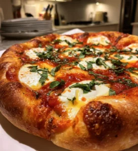 Homemade Margherita Pizza made with fresh ingredients and basil.