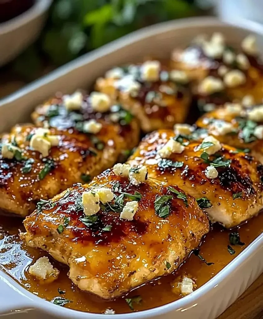 Plate of hot honey feta chicken garnished with herbs