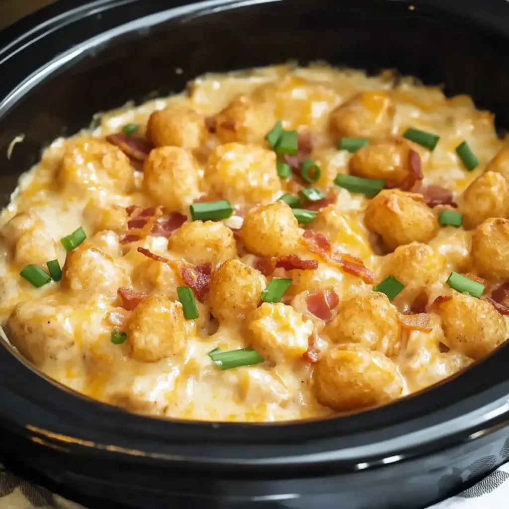 Easy Crock Pot Chicken Bacon Ranch Tater Tot Casserole