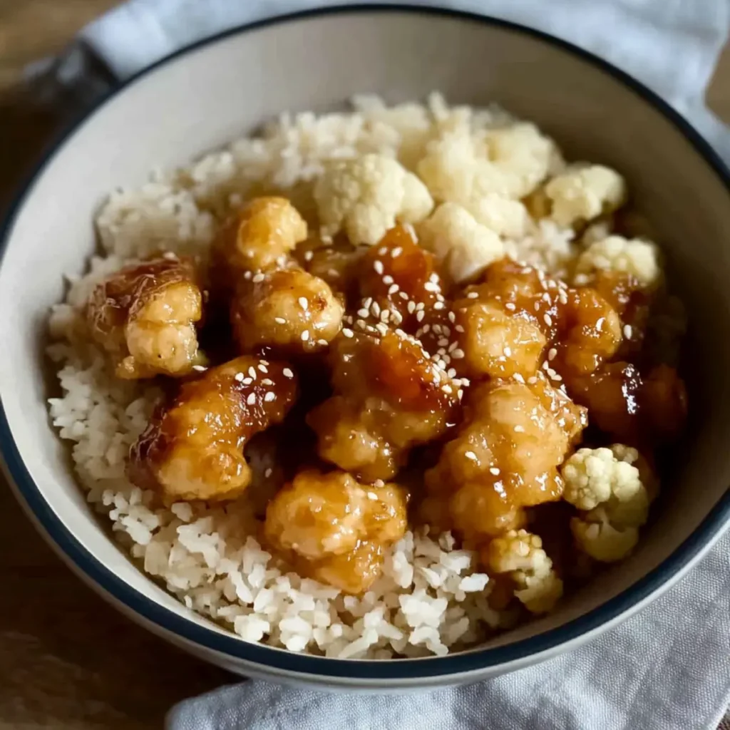 Crispy Fried Sweet and Sour Chicken with Cauliflower over Rice