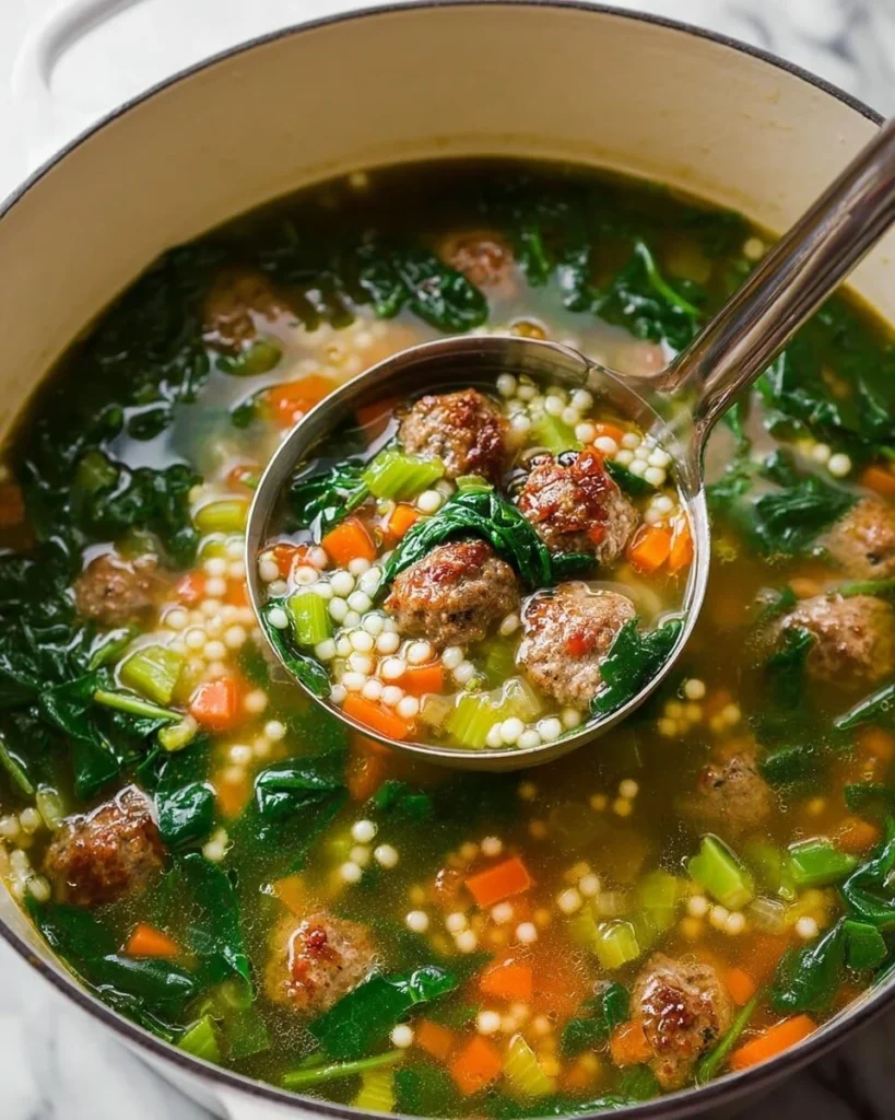 Delicious bowl of homemade Italian Wedding Soup with meatballs and greens