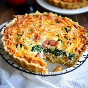 Ham Spinach Quiche with Hashbrown Crust