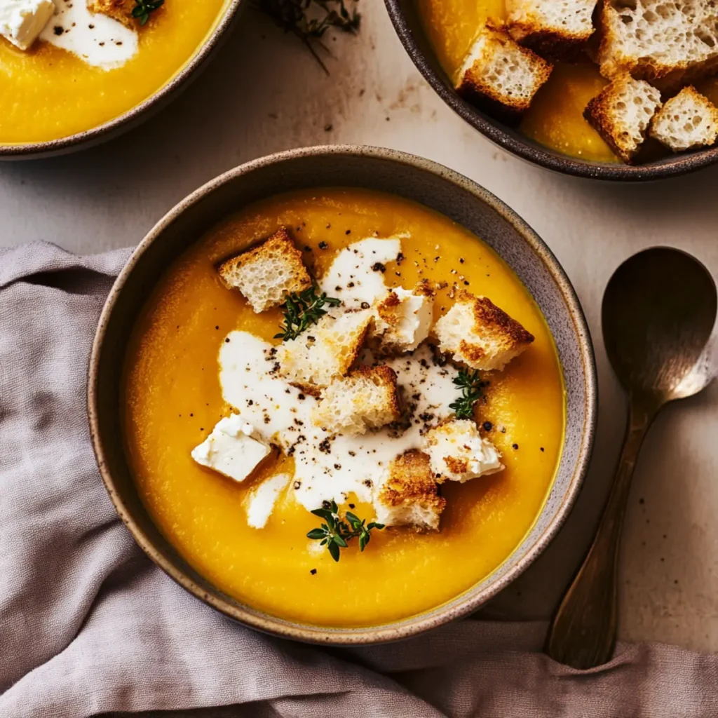 Roasted Butternut Squash Feta Soup (with Sourdough Feta Croutons)