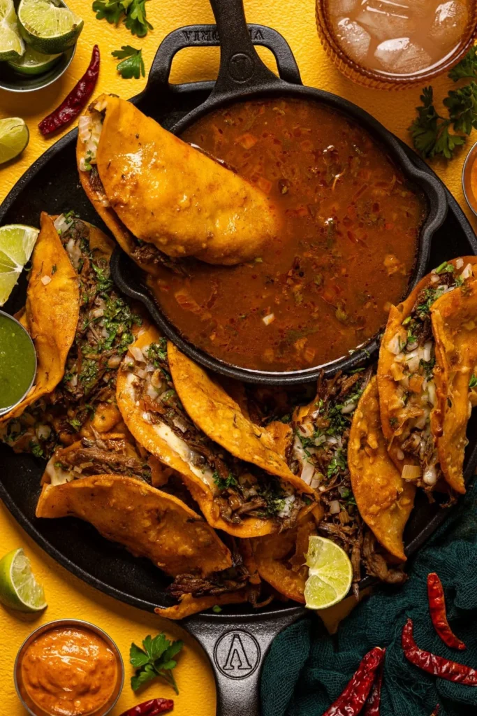 Delicious birria tacos served with cilantro and onions.