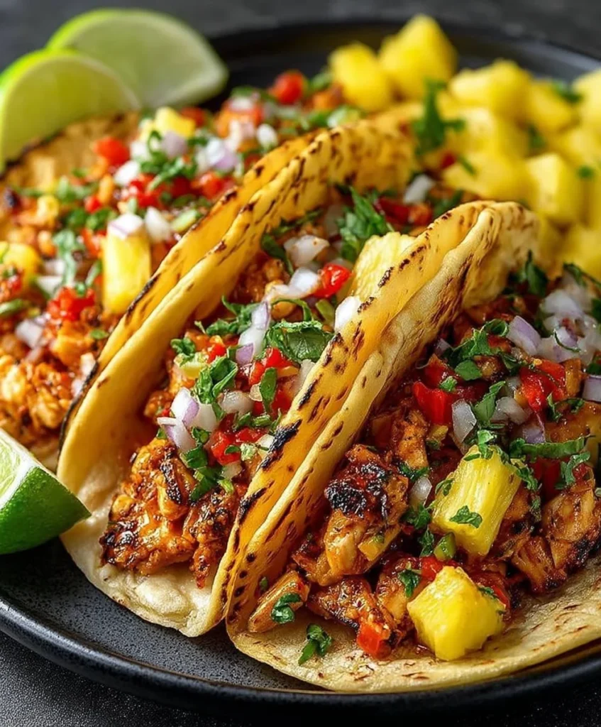 Plate of delicious Pineapple Chicken Tacos with vibrant toppings