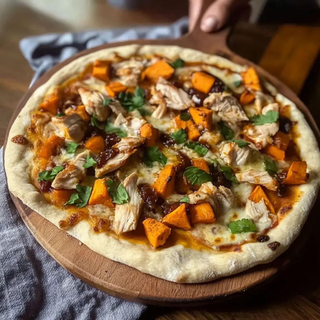 Sourdough Discard Skillet Pizza with Barbecue Chicken and Sweet Potato