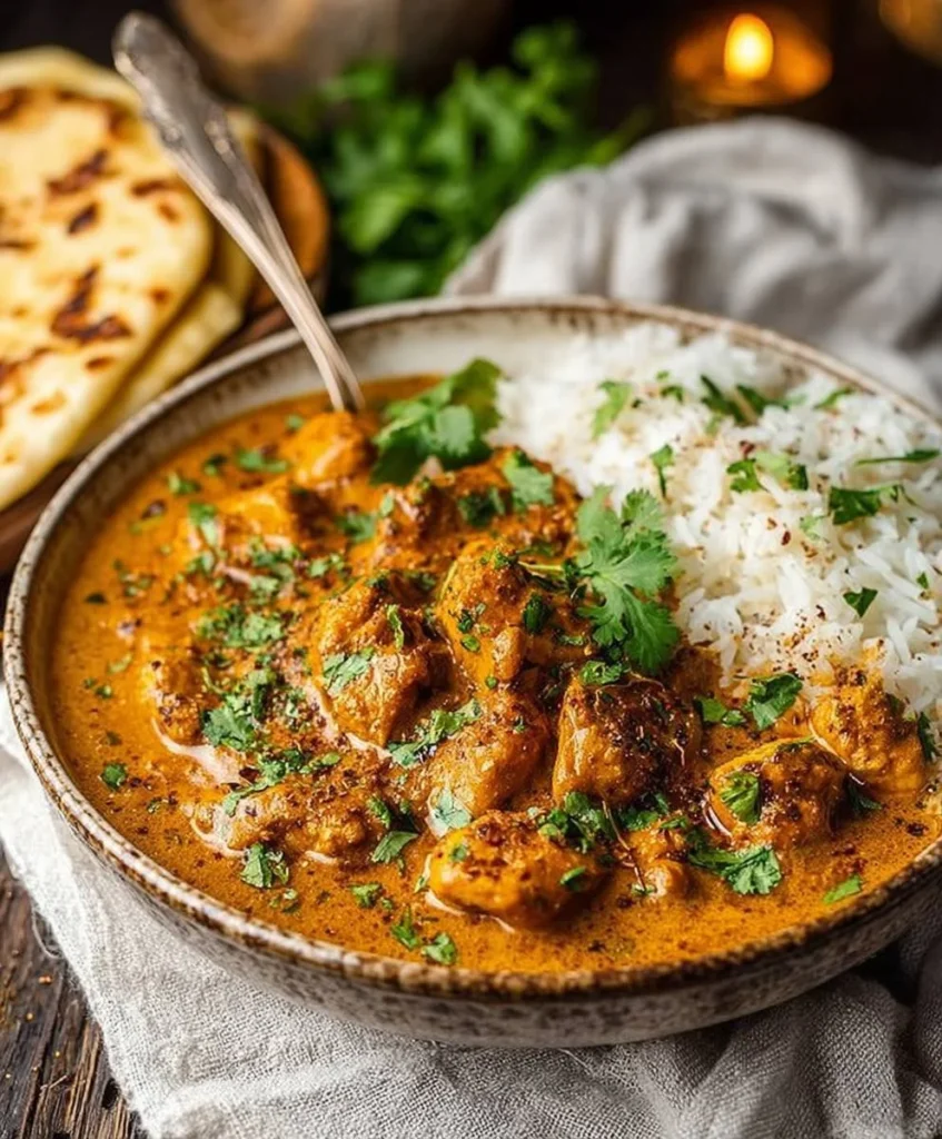 Pumpkin Butter Chicken served with herbs and spices in a bowl, showcasing fall flavors.