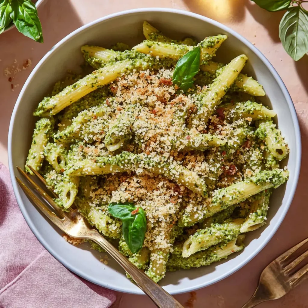 Walnut Pesto Pasta with Crunchy Garlic Breadcrumbs