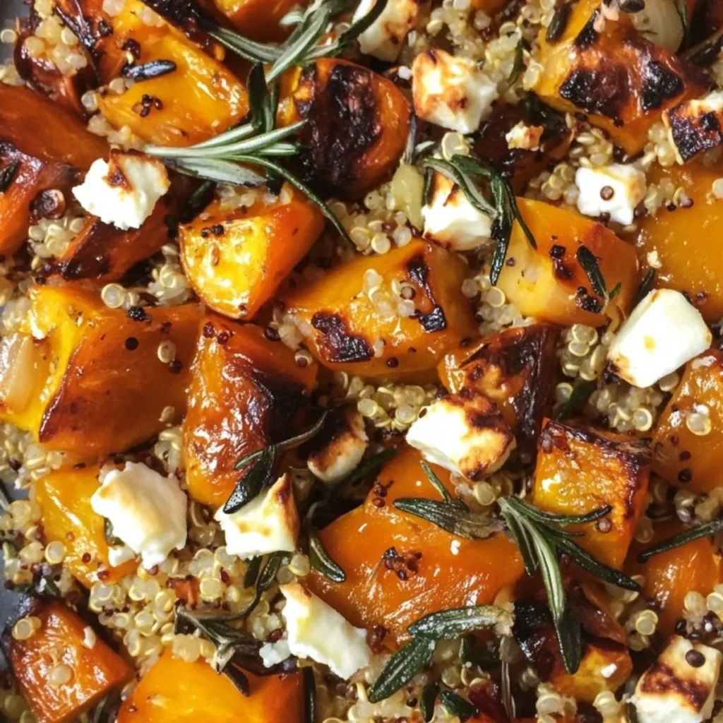 Roasted butternut squash with feta, thyme, and quinoa in a colorful bowl