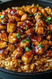 Smoky Chipotle BBQ chicken served in a skillet with rice and garnished with herbs.