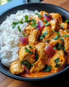Spicy Brazilian Coconut Chicken served with rice and garnished with herbs