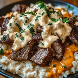 Steak and Cheese Rice dish garnished with fresh herbs.