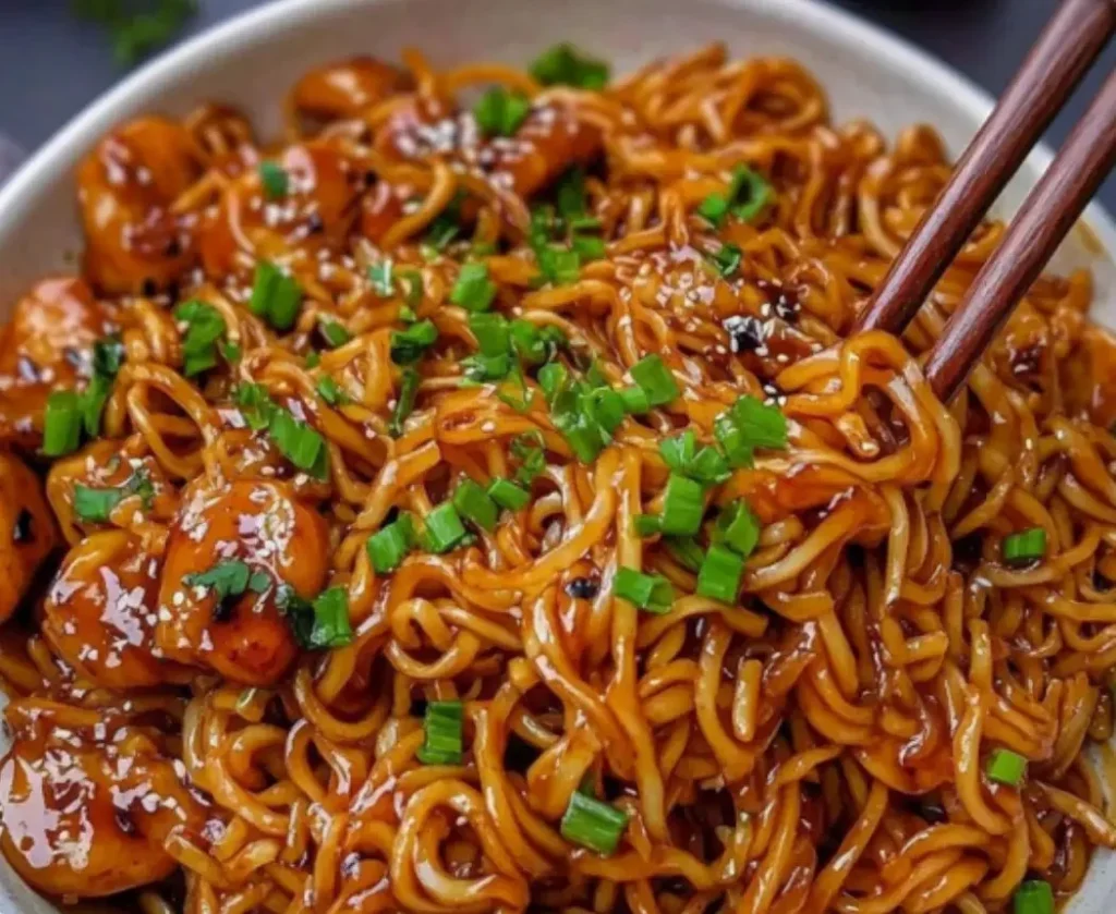 Delicious Sticky Garlic Chicken Noodles served in a bowl with fresh herbs