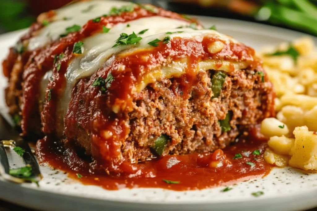 Stuffed Italian meatloaf with melting cheese and herbs, garnished for a flavorful presentation.