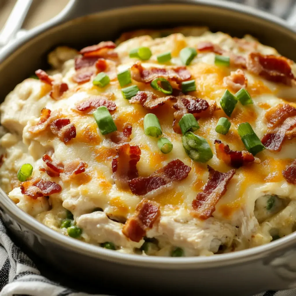 Keto Cauliflower-Chicken Au Gratin Casserole with Bacon