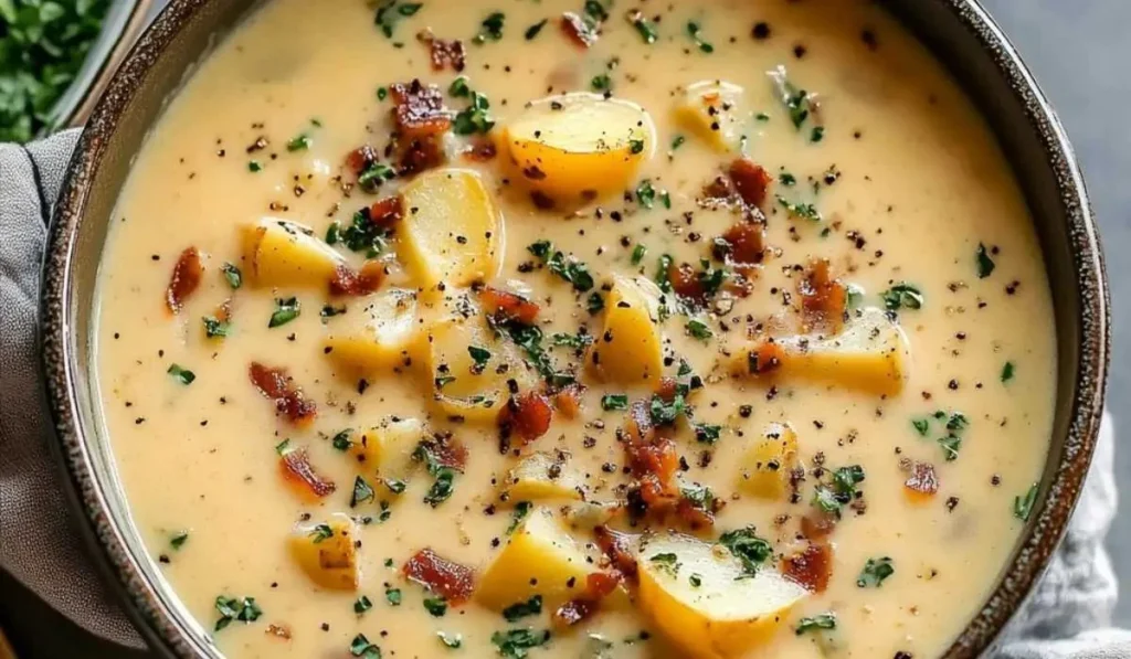 A bowl of homemade creamy potato soup topped with herbs and croutons.