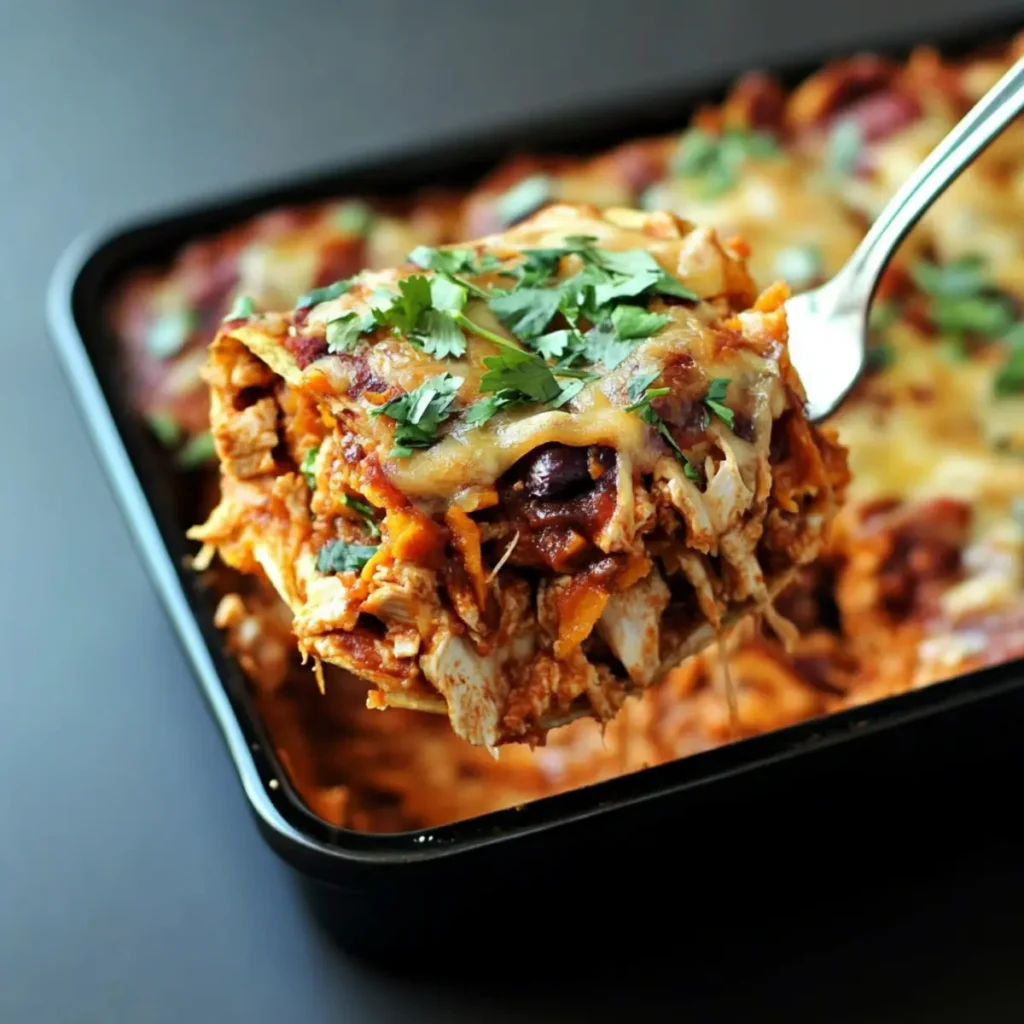 Layered BBQ Chicken & Sweet Potato Enchilada Casserole