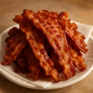 Plate of crispy bacon with a golden-brown finish on a breakfast table