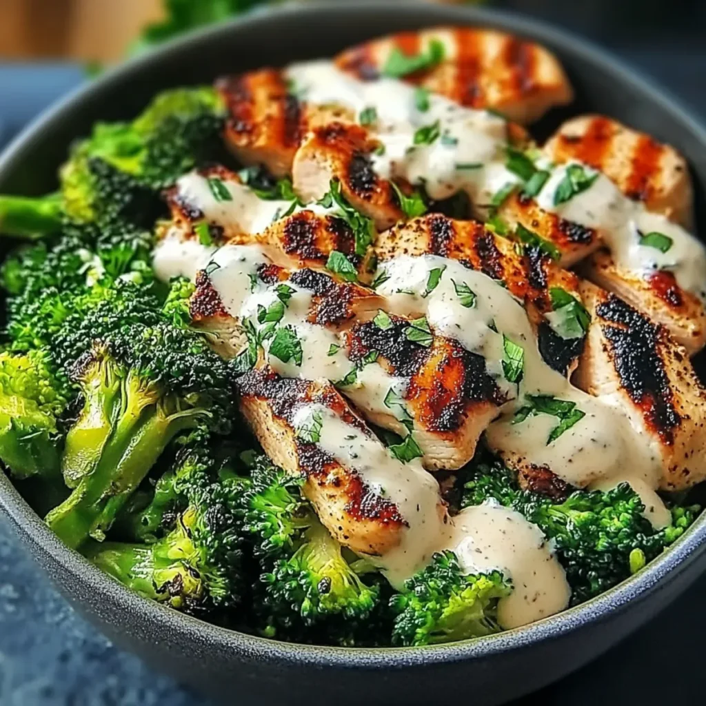 Healthy Grilled Chicken & Broccoli Bowls with Creamy Garlic Sauce