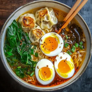 Savory Dumpling Ramen Bowl with Soft-Boiled Eggs and Fresh Greens