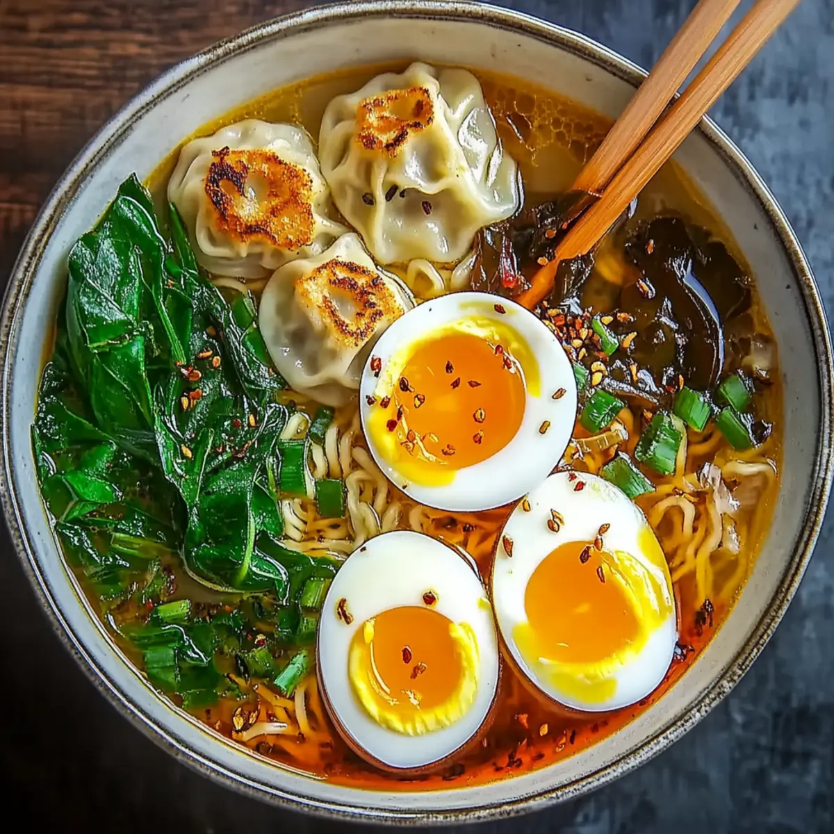 Savory Dumpling Ramen Bowl with Soft-Boiled Eggs and Fresh Greens